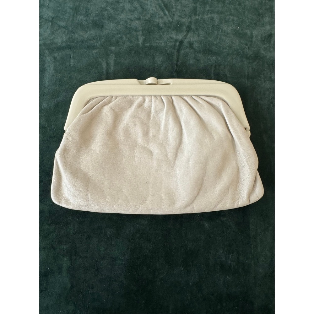 Vintage Clutch Womens S Cream Italian Leather Lucite Frame Kiss Lock Italy 80s
